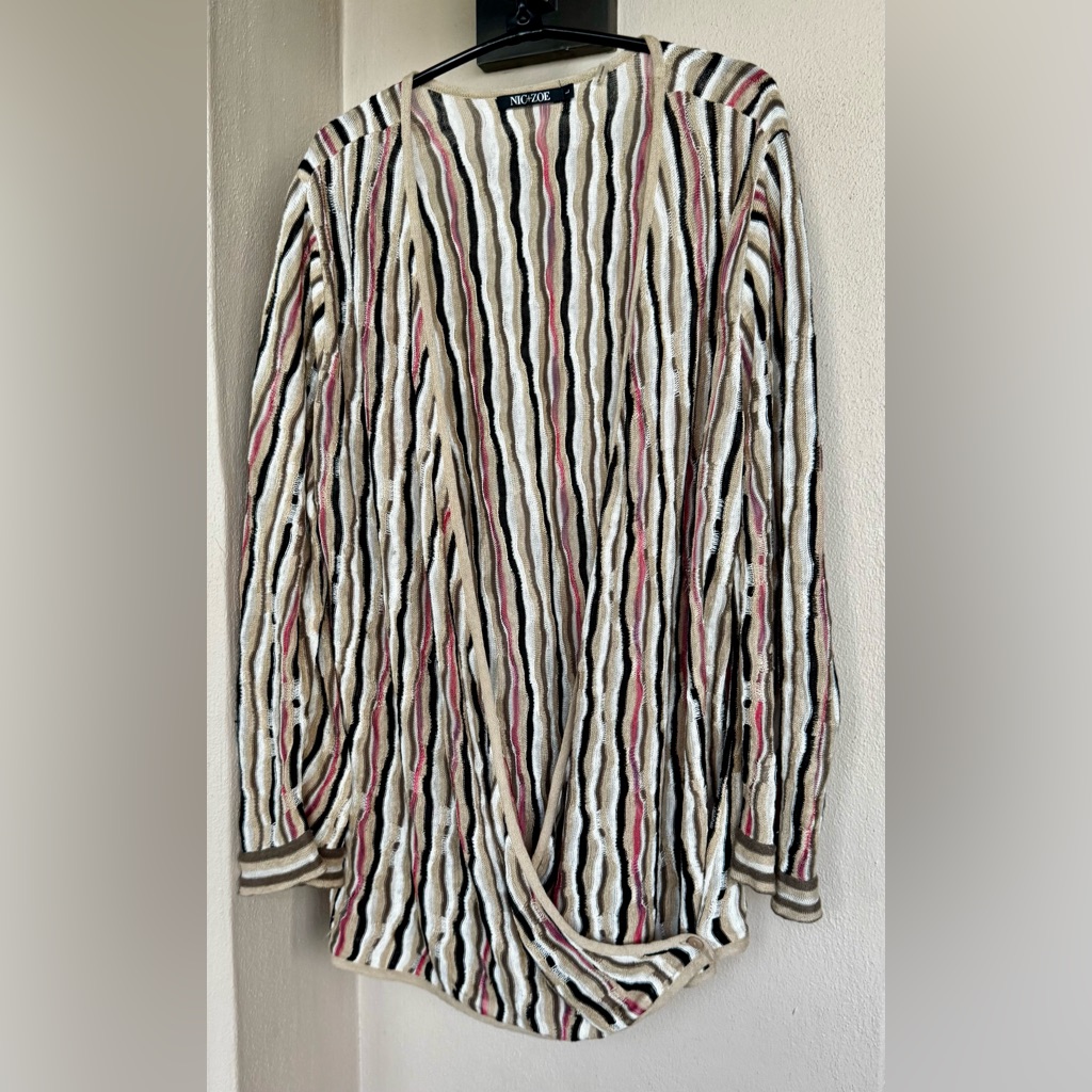 Nic+Zoe Vneck Long Sleeve Linen Blend Crossover Cardigan Multicolor Stripe Large